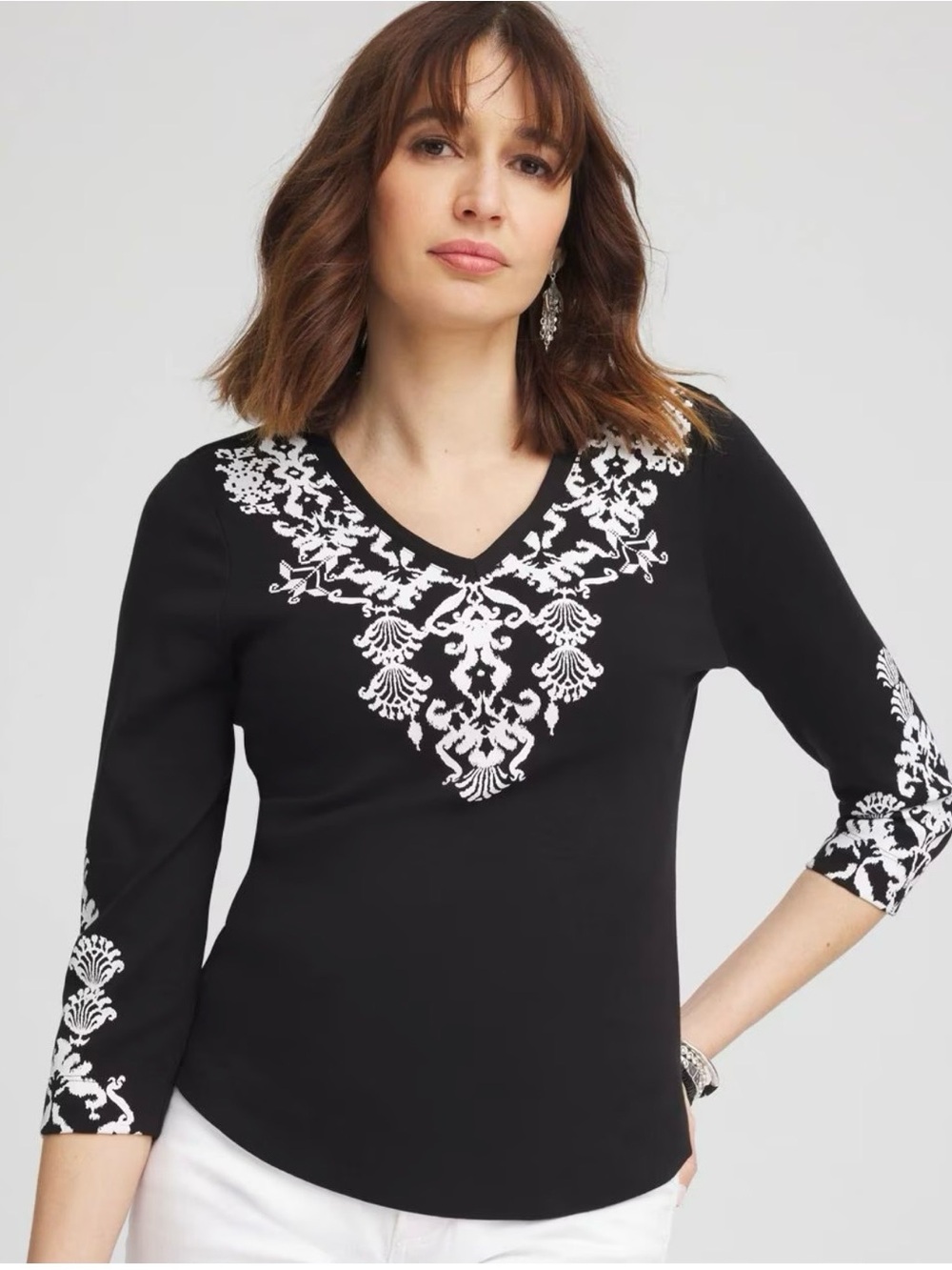 Chico's Top Black Ikat 100% Pima Cotton 3/4 Sleeve Everyday Tee Chico’s Size 2 - Picture 2 of 11